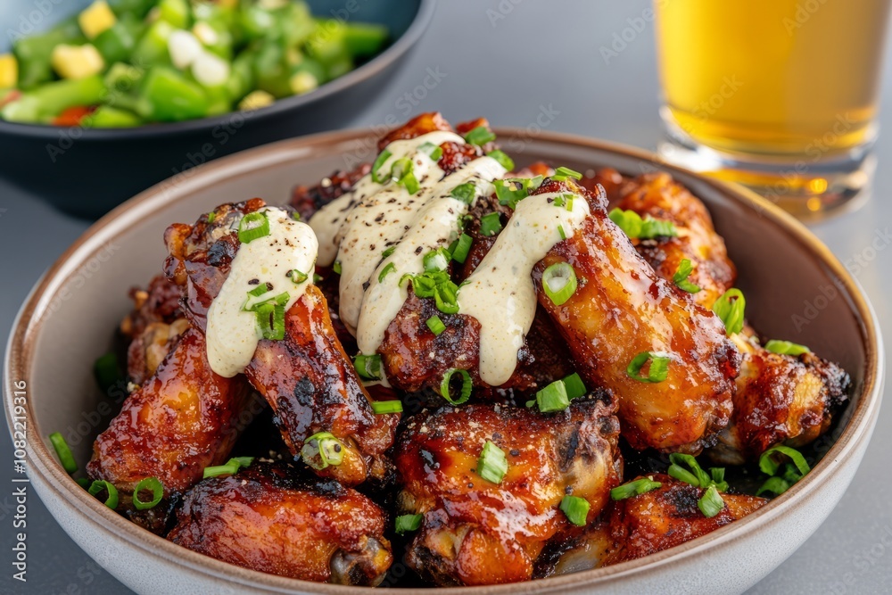 Grilled chicken wings with herbs and sauces, a classic dish for Super Bowl Sunday celebrations.