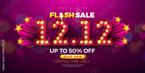 12 December Shopping Day Flash Sale Design with 3d 12.12 Light Bulb Number and Falling Confetti on Red Background. Vector Special Offer 50 Percent Off Campaign Discount Illustration for Coupon