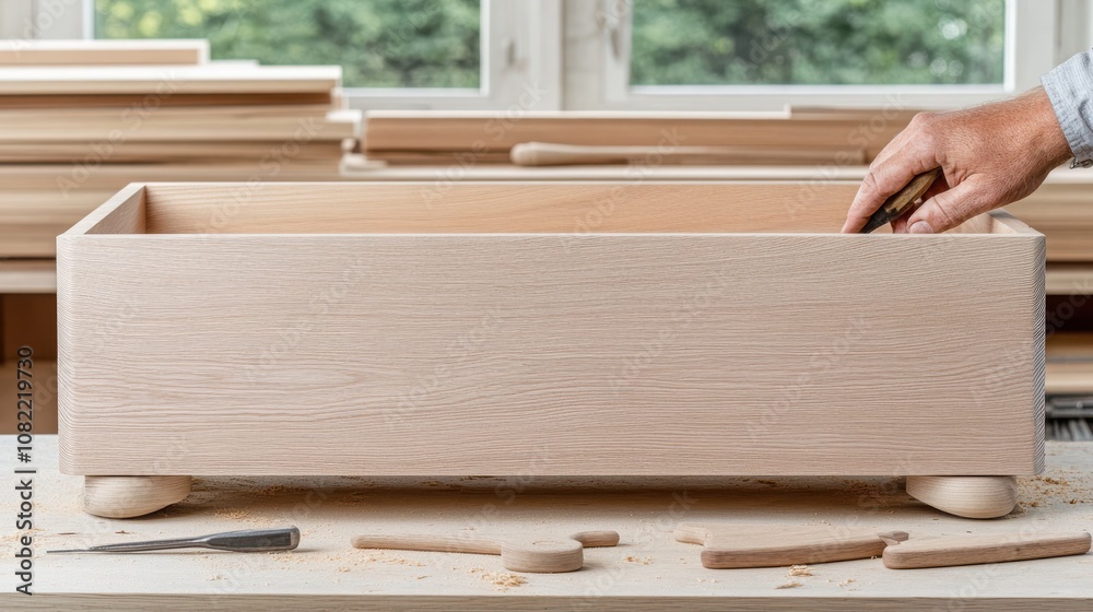 A wooden box under construction, highlighting craftsmanship with tools and shavings around it, showcasing a dedicated woodworking project. A wooden box under construction, highlighting craftsmanship with tools and shavings around it, showcasing a dedicated woodworking project.