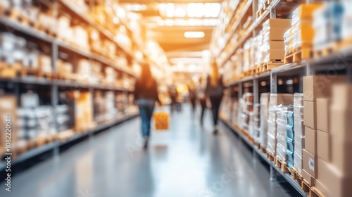 A busy warehouse aisle filled with stacked boxes and people carrying items.