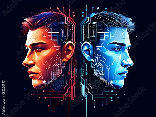 Split cover, one half traditional, other half digital circuits and neural networks, emphasize AI and human duality in sports