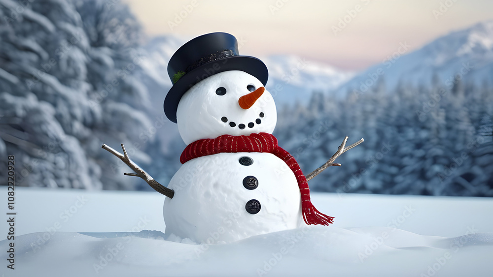 Obraz premium Cheerful snowman in a blurred winter landscape background.