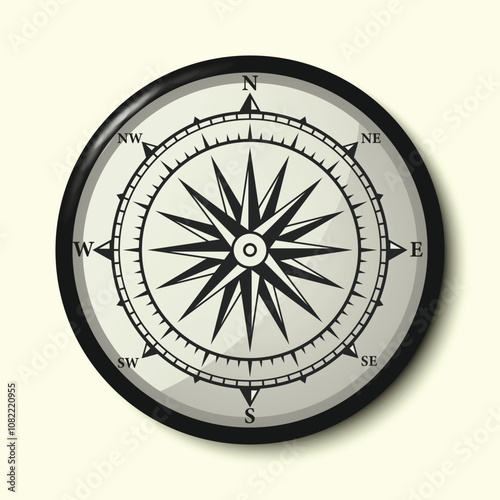 Monochrome Navigational Compass with Cardinal Directions of North, East, South and West