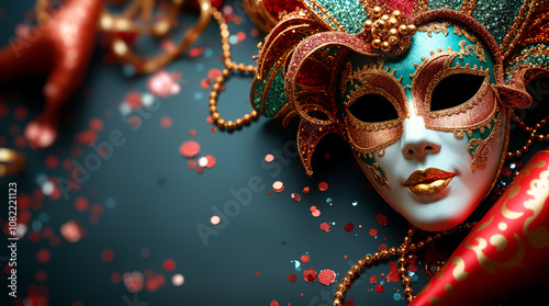 Venetian carnival mask with confetti, necklace, and party favors creating festive background