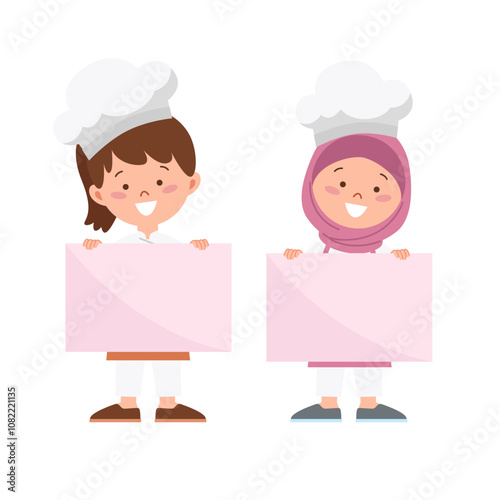 Little girl chef is holding a blank sign or blank board