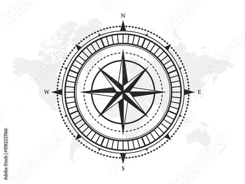 Monochrome Navigational Compass with Cardinal Directions of North, East, South and West