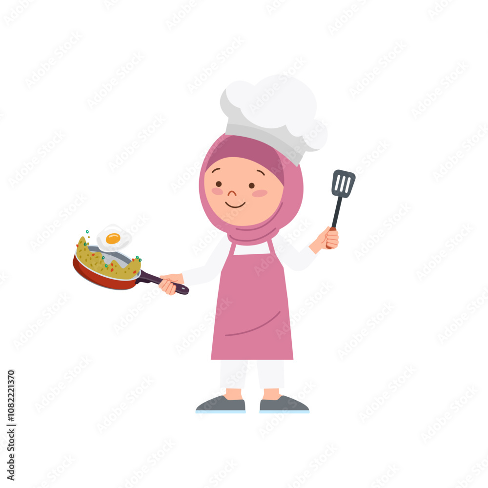 Little girl with hijab cooking and holding spatula Little girl with hijab cooking and holding spatula