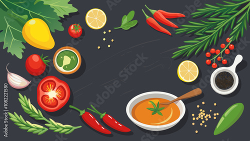 kitchen board with spices and seasonings for dressing salads and dishes with spices, for decoration and decoration of dishes with spices, olive oil and cherry tomatoes.