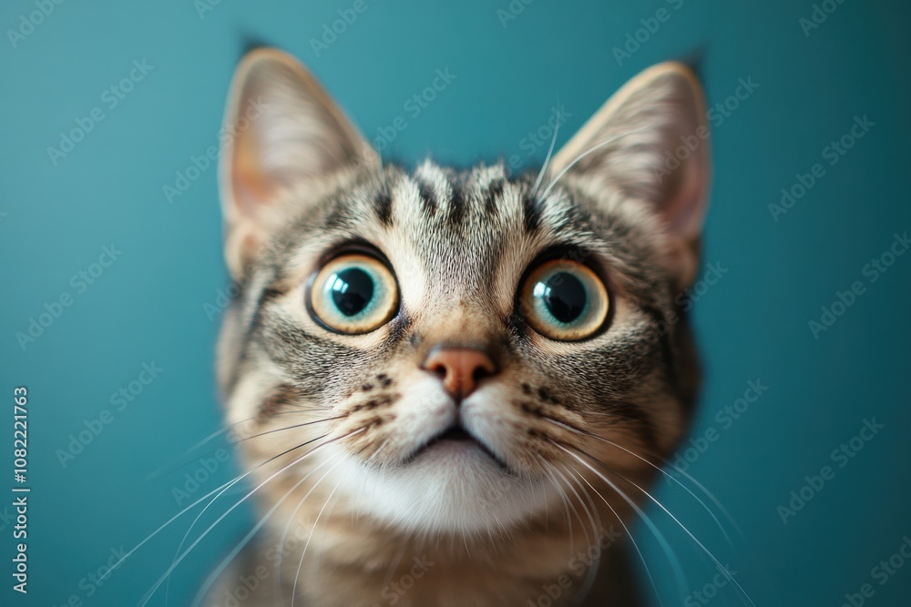 Crazy surprised cat makes big eyes close-up on a colored background. - Crazy surprised cat makes big eyes close-up on a colored background. -
