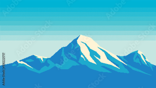 Pixel art horizontal illustration of daylight over mountain snowy peak. In the style of retro platformer video game level. Seamless when docking horizontally. Vector.