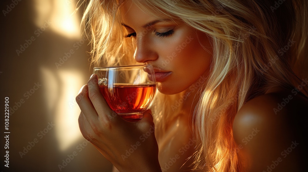 Contemplative Woman Enjoying a Warm Beverage in Soft Light with Silky Blonde Hair and a Serene Expression, Capturing the Essence of Relaxation and Tranquility Contemplative Woman Enjoying a Warm Beverage in Soft Light with Silky Blonde Hair and a Serene Expression, Capturing the Essence of Relaxation and Tranquility