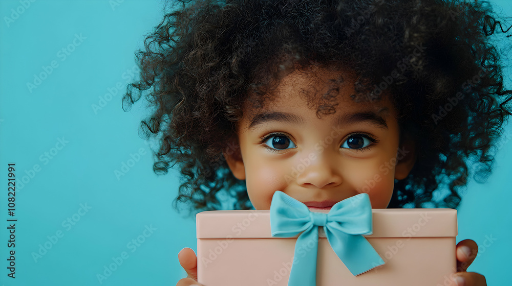 A Happy Child with Curly Hair Hides Behind a Gift Box with a Light Blue Bow Against a Turquoise Background. A Happy Child with Curly Hair Hides Behind a Gift Box with a Light Blue Bow Against a Turquoise Background.