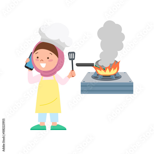 A girl on the phone when the stove catches fire