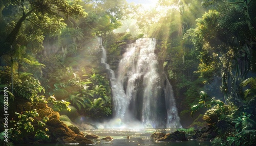 Wallpaper Mural Sunbeams Illuminating a Lush Waterfall in a Tropical Rainforest Torontodigital.ca