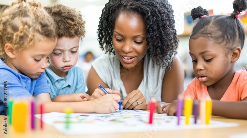 Engaging Teacher Guides Young Children in Creative Art Activity at Classroom Table, Fostering Learning through Hands-On Exploration and Collaboration