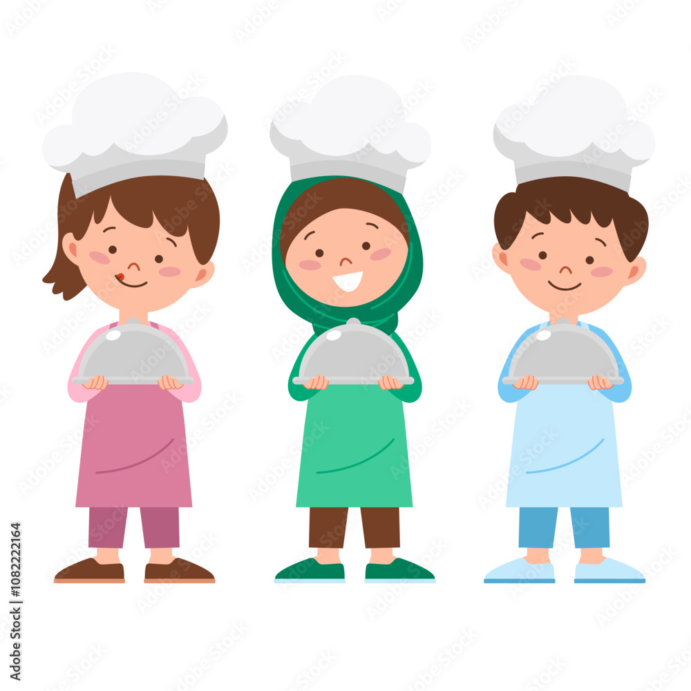 Little chef boy and girl holding serving hood Little chef boy and girl holding serving hood