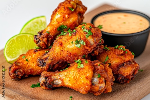 Grilled chicken wings with herbs and sauces, a classic dish for Super Bowl Sunday celebrations. photo