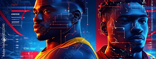 Split cover, one half traditional, other half digital circuits and neural networks, emphasize AI and human duality in sports photo