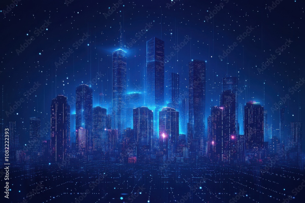 the city's buildings shine with bright lines, A dark blue background, City poster with a sense of science and technology the city's buildings shine with bright lines, A dark blue background, City poster with a sense of science and technology