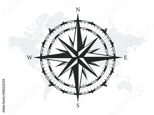 Monochrome Navigational Compass with Cardinal Directions of North, East, South and West