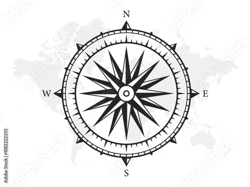 Monochrome Navigational Compass with Cardinal Directions of North, East, South and West