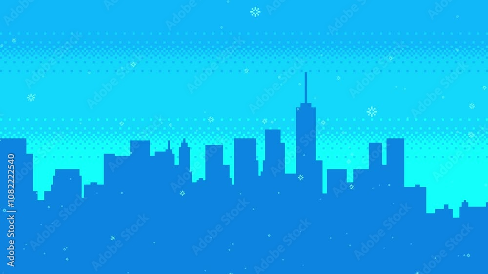 Animated pixel art winter cityscape. Snow falls on the background of the city silhouette. Christmas greeting card design seamless loop video. 2d retro video game skyscrapers in snowy weather. Animated pixel art winter cityscape. Snow falls on the background of the city silhouette. Christmas greeting card design seamless loop video. 2d retro video game skyscrapers in snowy weather.
