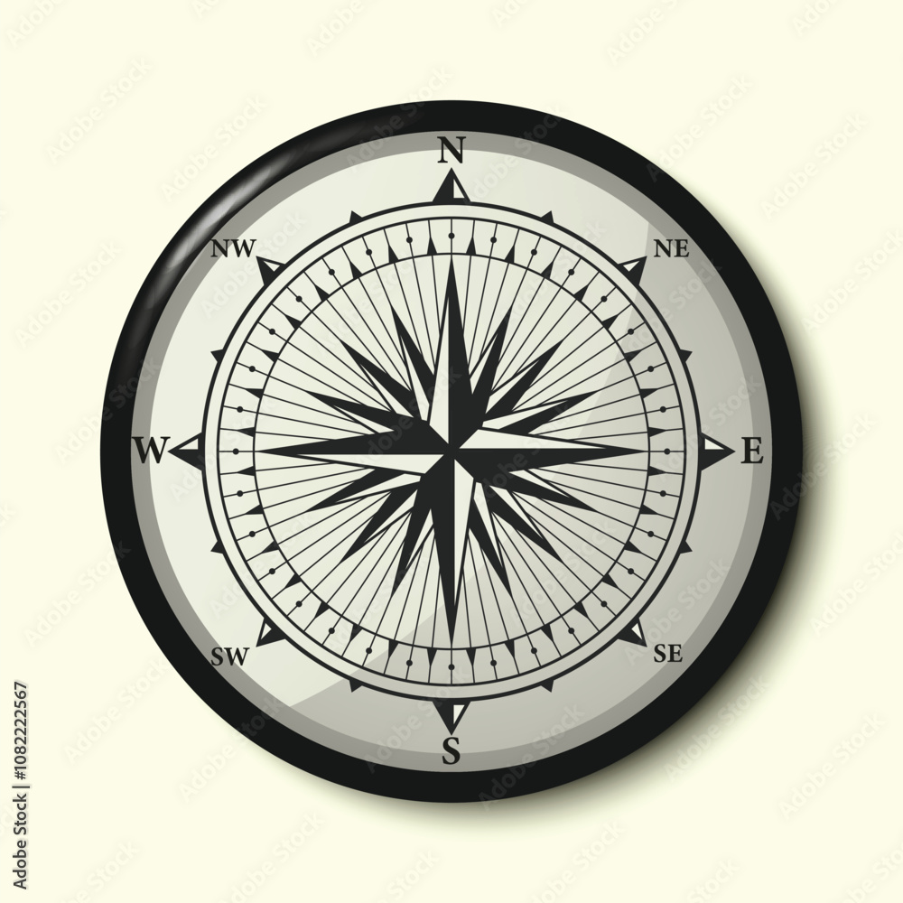 Monochrome Navigational Compass with Cardinal Directions of North, East, South and West Monochrome Navigational Compass with Cardinal Directions of North, East, South and West