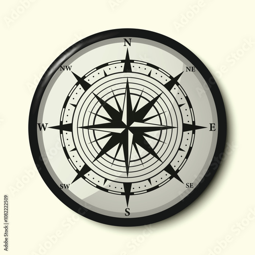 Monochrome Navigational Compass with Cardinal Directions of North, East, South and West