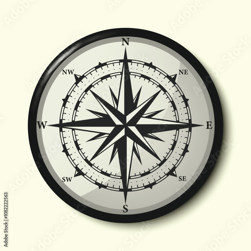 Monochrome Navigational Compass with Cardinal Directions of North, East, South and West