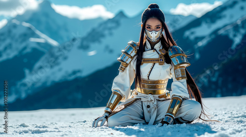 A woman in a white and gold outfit sitting in the snow photo