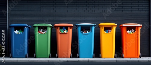 A row of colorful recycling bins against a dark wall, filled with various kinds of waste, promoting effective waste management and sustainability. photo