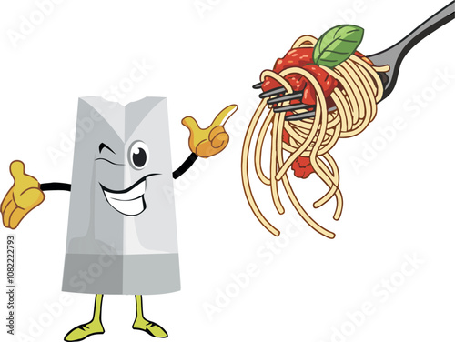 Chef hat character showing spaghetti with tomato sauce and basil leaf on fork