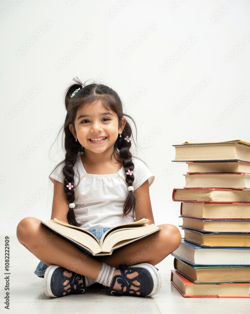 A smiling young girl with braided hair reads a book, sitting cross-legged beside a tall stack of books, radiating curiosity and joy.