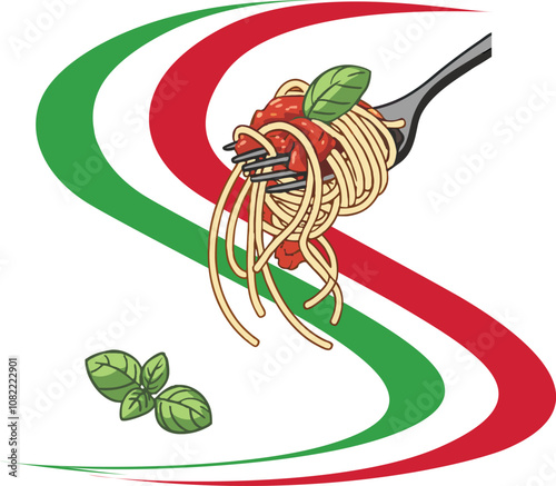 Fork lifting spaghetti with tomato sauce and basil over italian flag design