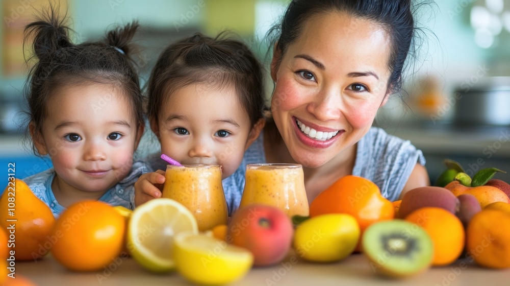 Smiling Mother and Two Children Enjoying Fruit Smoothies Surrounded by Fresh Fruits in a Bright Kitchen, Celebrating Healthy Lifestyle and Family Bonding Smiling Mother and Two Children Enjoying Fruit Smoothies Surrounded by Fresh Fruits in a Bright Kitchen, Celebrating Healthy Lifestyle and Family Bonding
