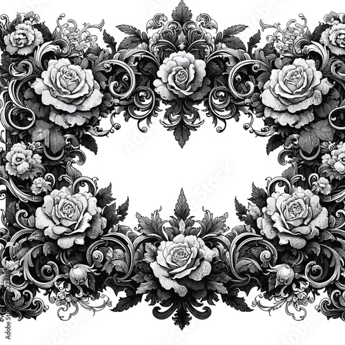 elaborate black-and-white rectangular frame with intricate floral details, featuring roses vector