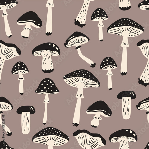 Seamless pattern with abstract mushrooms, Vector illustration in flat style