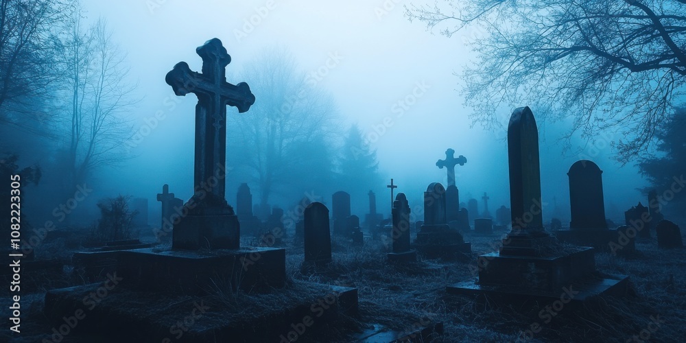 Silhouettes of tombstones in cemetery in mist Silhouettes of tombstones in cemetery in mist