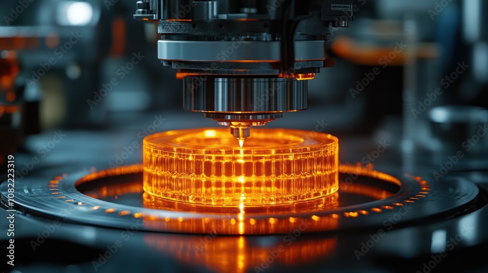 A high-tech machine processing a transparent orange component.