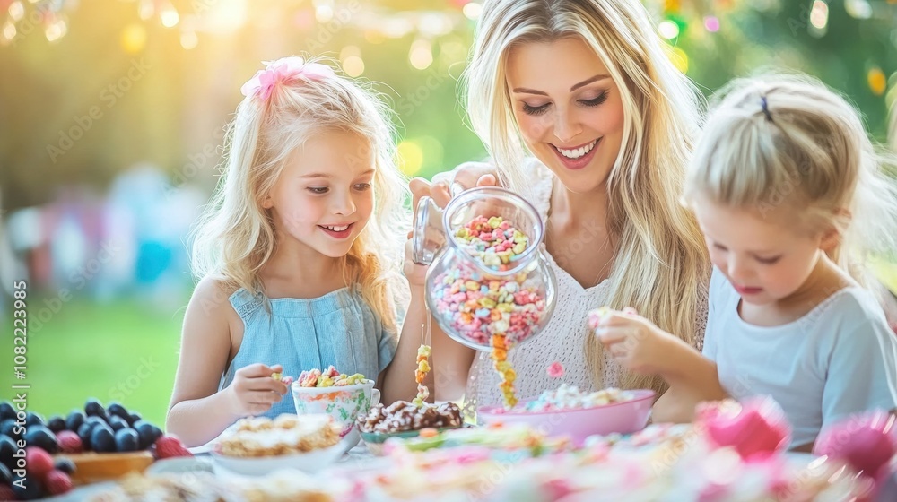 Fototapeta premium Cheerful Mother and Daughters Enjoying Colorful Candy and Sweet Snacks Together in a Sunny Outdoor Setting with Fairy Lights and Fresh Fruit