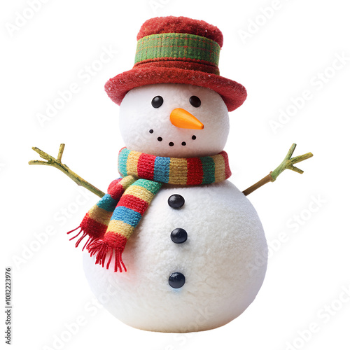 Smiling snowman wearing a red hat and scarf