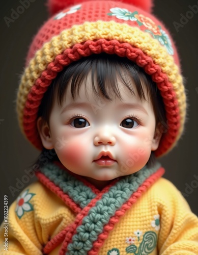 chinese baby girl with smooth facial features and beautiful baby hat on her head,red,yellow,green,blue,purple,realistic,detailed,detailed