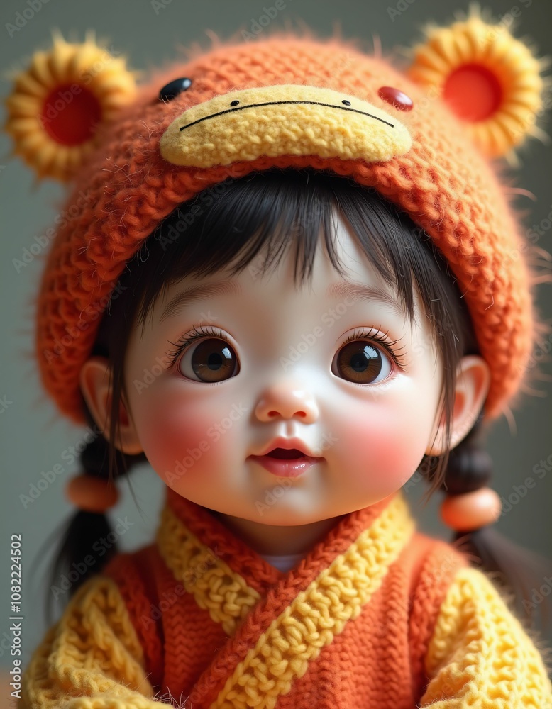 chinese baby girl with smooth facial features and beautiful baby hat on her head,red,yellow,green,blue,purple,realistic,detailed,detailed chinese baby girl with smooth facial features and beautiful baby hat on her head,red,yellow,green,blue,purple,realistic,detailed,detailed