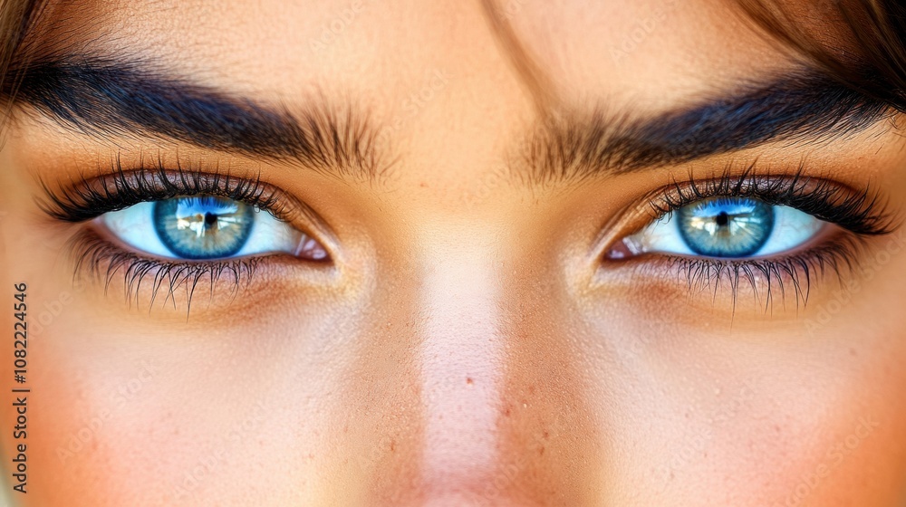 Obraz premium Captivating Close-Up of Beautiful Blue Eyes with Striking Clarity, Highlighting Lush Lashes, Natural Skin Texture, and Intriguing Reflections in Irises, Perfect for Portrait Photography