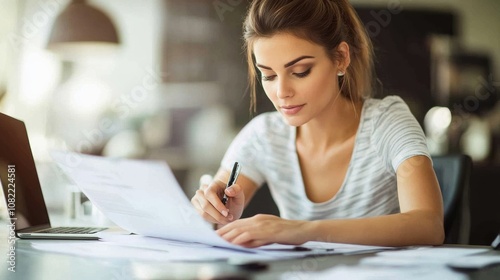 Young Professional Woman Writing Notes at Desk with Papers and Laptop in Modern Office Setting, Focused on Work and Productivity in Natural Light