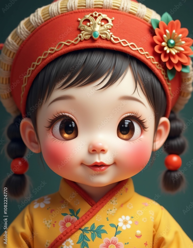 chinese baby girl with smooth facial features and beautiful baby hat on her head,red,yellow,green,blue,purple,realistic,detailed,detailed chinese baby girl with smooth facial features and beautiful baby hat on her head,red,yellow,green,blue,purple,realistic,detailed,detailed