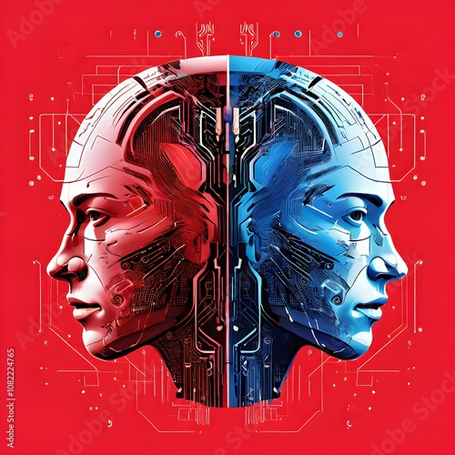 Split cover, one half traditional, other half digital circuits and neural networks, emphasize AI and human duality in sports photo