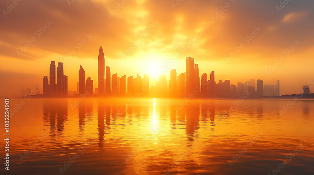 Golden Sunrise Illuminates City Skyline, Reflecting in Calm Waters Golden Sunrise Illuminates City Skyline, Reflecting in Calm Waters