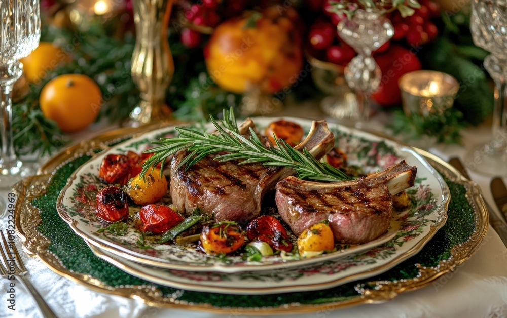 Grilled Lamb Chops with Herb Garnish â€“ Succulent lamb chops cooked to perfection, garnished with rosemary and plated with vibrant vegetables on a luxurious, holiday-themed table setting 