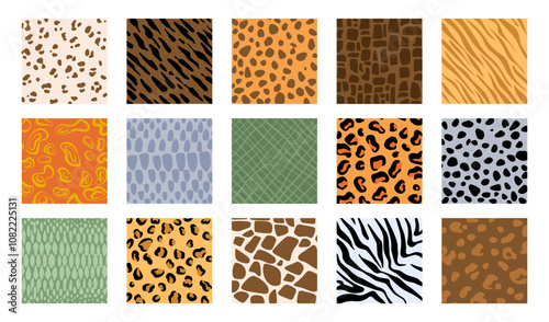 Animal print. Safari pattern. Texture of leopard, tiger and cheetah, giraffe, zebra and lion. Striped leather camouflage. Zoo wallpaper. Textile or wrapping. Print for fabric Vector garish background